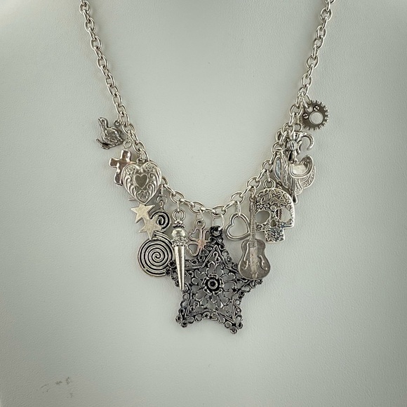 Western Charm Necklace, Handmade, Chunky, Funky, Stars, Skull, Antiqued Silver - Picture 2 of 9